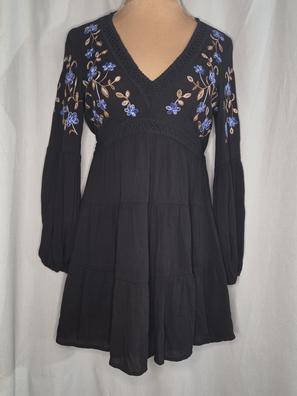 Stylish Boho Black  V-Neck Dress with Blue Floral Embroidery Size S Small